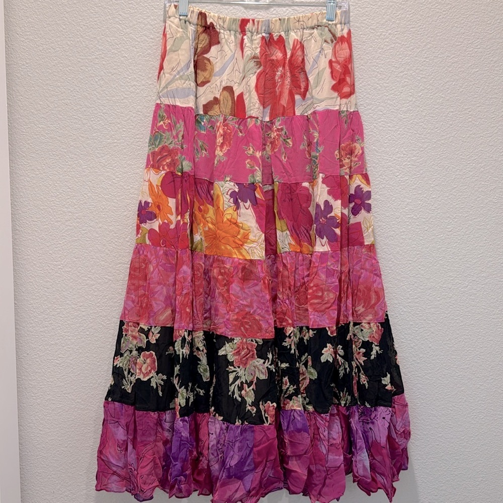 Coldwater Creek Floral Patchwork Tiered Full Skirt Boho Cottage Peasant Small